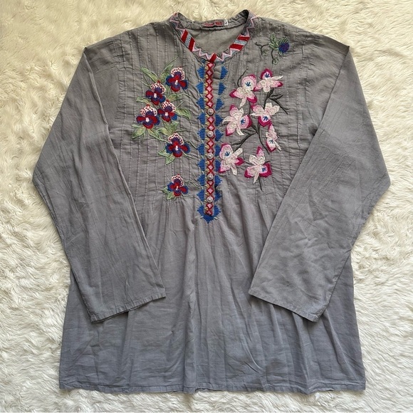 Johnny Was Top Embroidered Floral Tunic Long Sleeve Lightweight Gray L - Picture 1 of 12